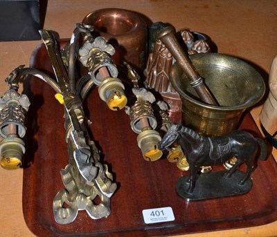 Lot 401 - Tray including pestle and mortar, jelly mould, bronze figure of a horse, a pair of wall lights etc