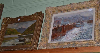 Lot 408 - M.Saunders, Scarborough harbour, signed, oil on canvas, together with a further oil of a...