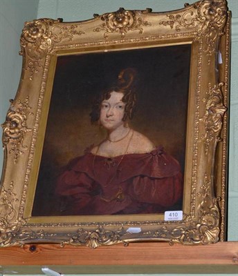 Lot 410 - A 19th century portrait of a lady wearing a red gown, oil on canvas