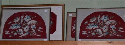 Lot 411 - Four similar red ground bead and woolwork framed panels