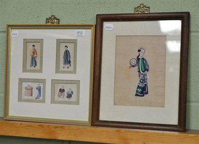 Lot 412 - A set of four Chinese pith paintings, collectively framed as one, also another of a lady (2)