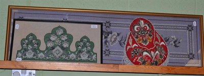 Lot 413 - Two framed beadwork panels of floral design and a red wool and beadwork wall pocket (3)