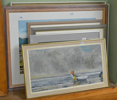 Lot 415 - Four modern framed oils of beach scenes, signed Barton; pair of framed watercolours - 'The Pikes of