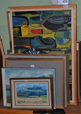 Lot 417 - Assorted modern framed oils, watercolours, prints etc and an abstract pictures signed P. Heywool