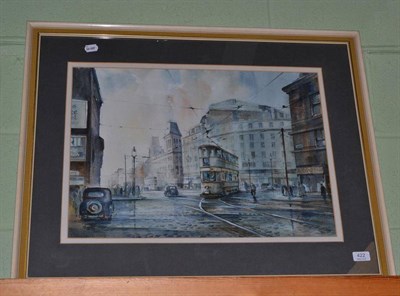 Lot 422 - P N Entwistle, trams on Church Street, Liverpool, framed watercolour