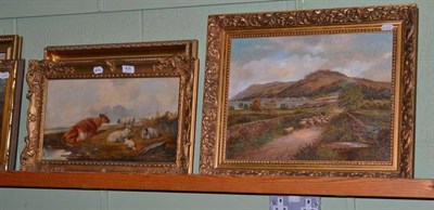 Lot 426 - Gilt framed oil cow and sheep watering, framed oil sheep on a country path signed H Dunnington...