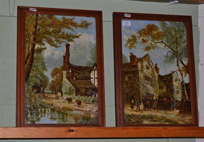 Lot 428 - Two painted ceramic panels of country scenes, in wooden frames