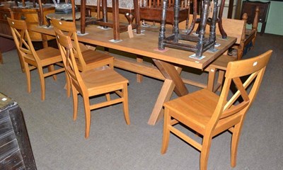 Lot 479 - Oak dining room table, bench seat and four chairs