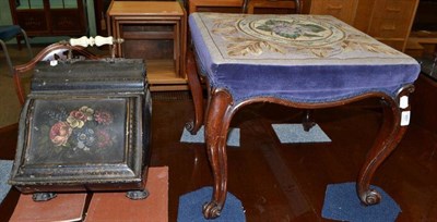 Lot 487 - A Victorian mahogany square stool with woolwork top and a toleware coal hod with painted decoration