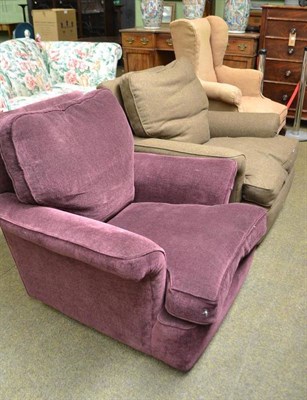 Lot 513 - Early 20th century upholstered wing armchair and a brown tweed upholstered easy chair together with