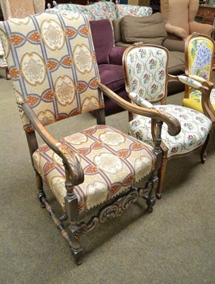 Lot 514 - A 17th century style open armchair with woolwork seat and back; and a French fauteuil style...