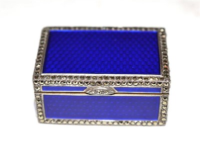 Lot 607 - A Continental White Metal, Blue Enamelled and Cut Iron Pyrite Mounted Musical Snuff Box, circa...