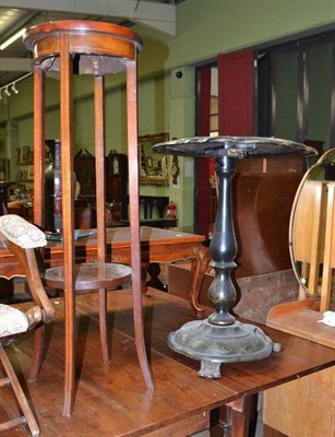 Lot 550 - A Victorian black papier mache pedestal tilt top table by Jennens & Bettridge and an Edwardian...