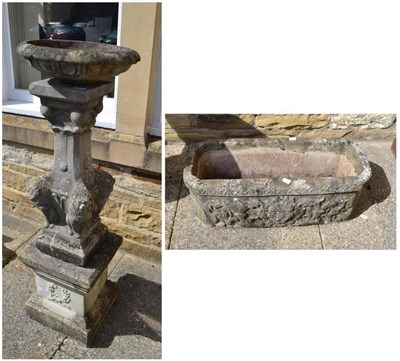 Lot 681 - A reconstituted stone bird bath top upon two pedestals and a rectangular trough