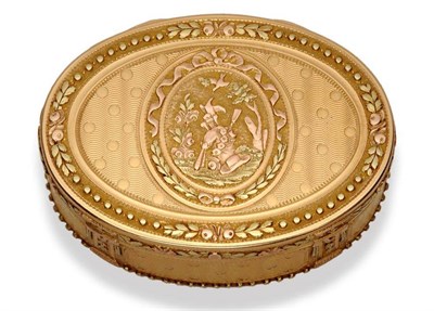 Lot 625 - A Louis XVI Three Colour Gold Oval Snuff Box, Jean-Antoine Joubert, Paris, 1782, the lid centred by