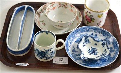 Lot 32 - A tray including a tea bowl and saucer, a coffee can and a pickle dish etc