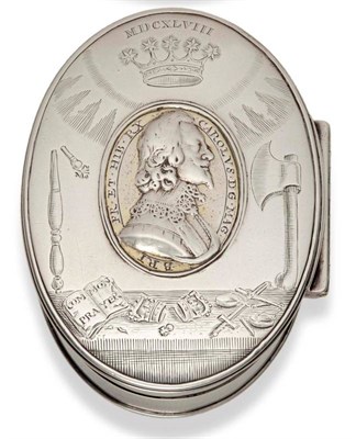 Lot 626 - A Queen Anne Silver Royal Commemorative Box, circa 1710, oval, the lid inset with a double...