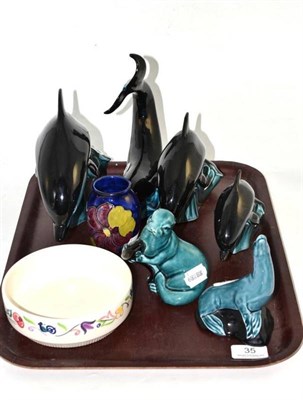Lot 35 - Six Poole pottery animal figures, a Pool small bowl and a Moorcroft small floral vase