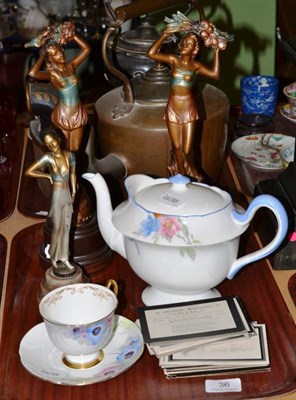 Lot 36 - Art Deco spelter figure, pair of French spelter figures, Shelley teapot cup and saucer, memoir...