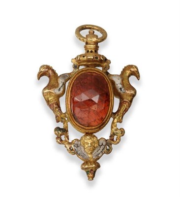 Lot 627 - A Gold, Enamel and Faceted Garnet Set Pendant, probably Italian, 17th century, the raised stone...