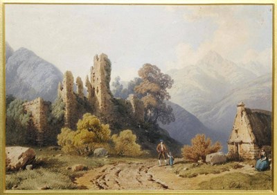 Lot 630 - Attributed to Francis Nicholson OWS (1753-1844) Figures beside ruins in a sunlit mountainous...