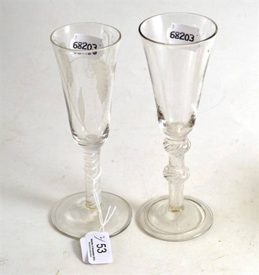 Lot 53 - An 18th century engraved ale flute and an air twist wine glass