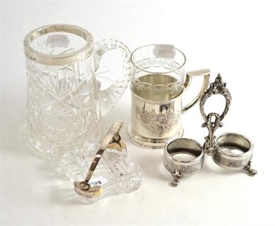 Lot 57 - A Russian silver double salt, a Latvian cut glass ad silver mounted mug, a Latvian silver and glass