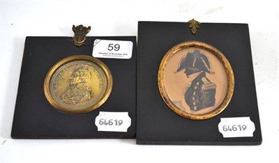 Lot 59 - Framed Nelson brass roundel by Merchant & Pingo and a silhouette by J Watkins of Cdr William...