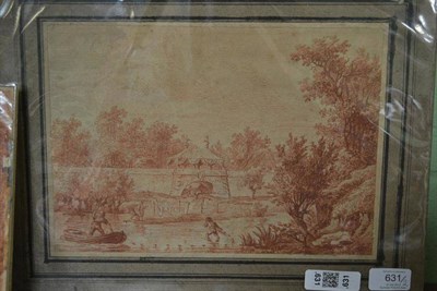 Lot 631 - Continental School (18th century) River landscape with figures, a figure beside a donkey by a stone