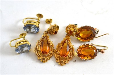 Lot 72 - A pair of 9ct gold citrine drop earrings, a pair of drop earrings and a pair of screw-on earrings