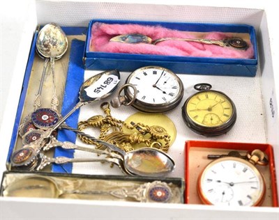Lot 77 - Two silver cased pocket watches, a gold plated watch, an albertina, spoons, etc