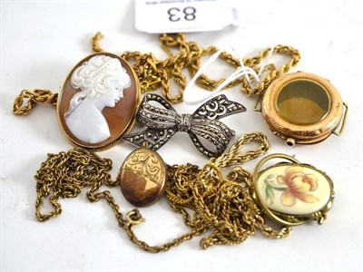 Lot 83 - Jewellery including brooches, necklace, watch case etc (quantity)