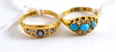 Lot 90 - An 18ct gold sapphire and diamond ring and a turquoise cluster ring