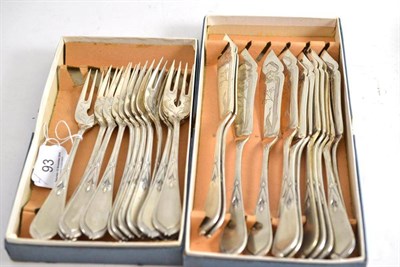 Lot 93 - A set of twelve Continental white metal fish knives and forks marked with a lozenge, with...
