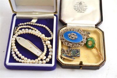 Lot 94 - A strand of cultured pearls, a jade bar brooch, a fruit knife, a marcasite brooch and an...
