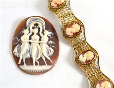 Lot 96 - A cameo mounted pierced bracelet, clasp stamped '800' and a shell cameo
