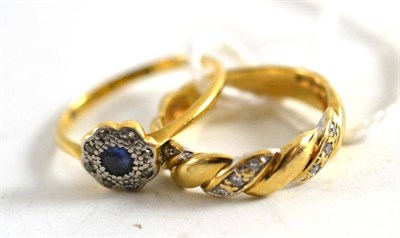 Lot 107 - A sapphire and diamond cluster ring and a 9ct gold dress ring