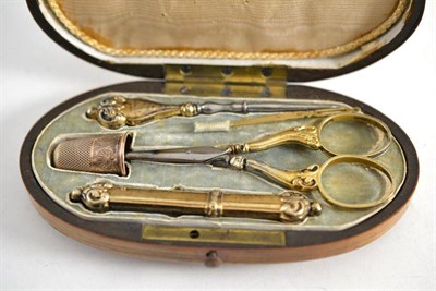 Lot 112 - A 19th century parquetry cased necessaire, containing a pair of scissors, needle case, a...