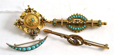 Lot 117 - Two bar brooches, a crescent brooch and a cruciform brooch