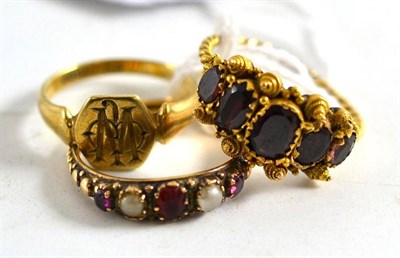 Lot 118 - A garnet five stone ring, a garnet and split pearl ring, a 9ct gold signet ring