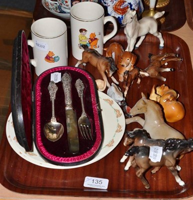 Lot 135 - Assorted collectables including walnut mantel clock, silver Christening cutlery set, Beswick...