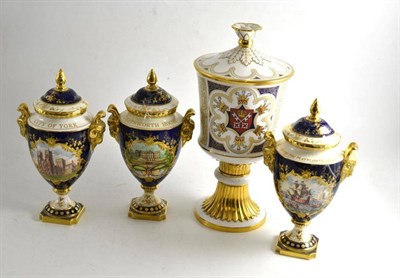 Lot 138 - A York Minster Spode chalice and three Coalport Commemorative vases: The Mayflower, Chatsworth...
