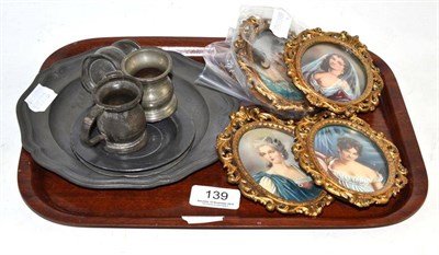 Lot 139 - Group of four oval miniatures and small lot of pewter