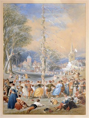 Lot 639 - Joseph Nash OWS (1809-1878) Mayday in Medieval times, figures in 17th century costume dancing...