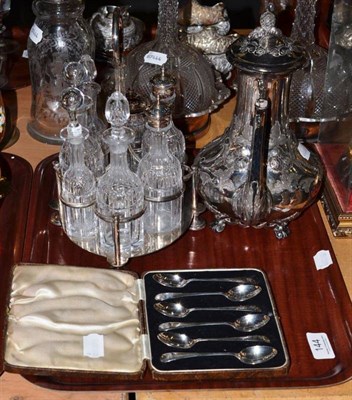 Lot 144 - Cased set of silver teaspoons, plated cruet stand and coffee pot