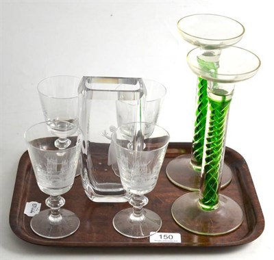 Lot 150 - Pair of Villeroy & Boch glass candlesticks with green glass stems, Scandinavian vase etched...