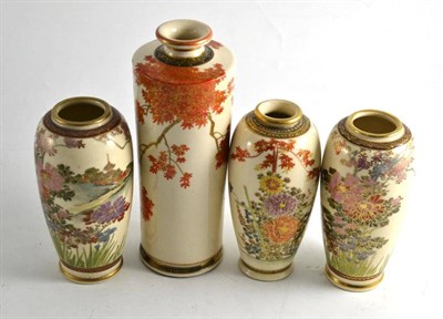 Lot 155 - Pair of satsuma vases decorated with flowers, cylindrical satsuma vase, another vase with...