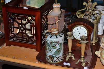 Lot 172 - Edwardian mahogany mantel timepiece, a fretwork wood planter, pair of small candlesticks, brass...