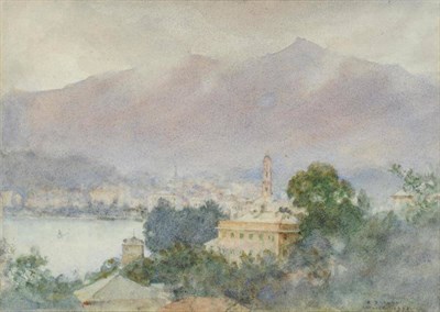 Lot 642 - Henry Scott Tuke RA, RWS, NEAC (1858-1929)  "Rapallo ", a town by a lake with mountains beyond...