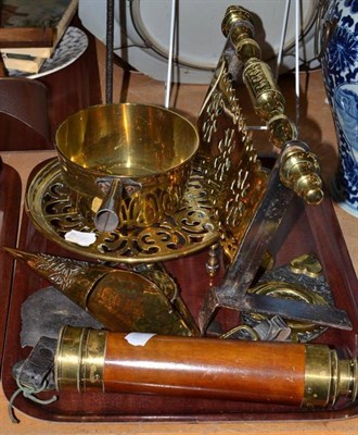 Lot 181 - Assorted brassware including extending trivet, small pan, horse brasses and two telescopes etc